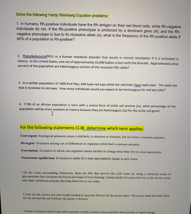 Solve The Following Hardy Weinberg Equation Problems Chegg Com