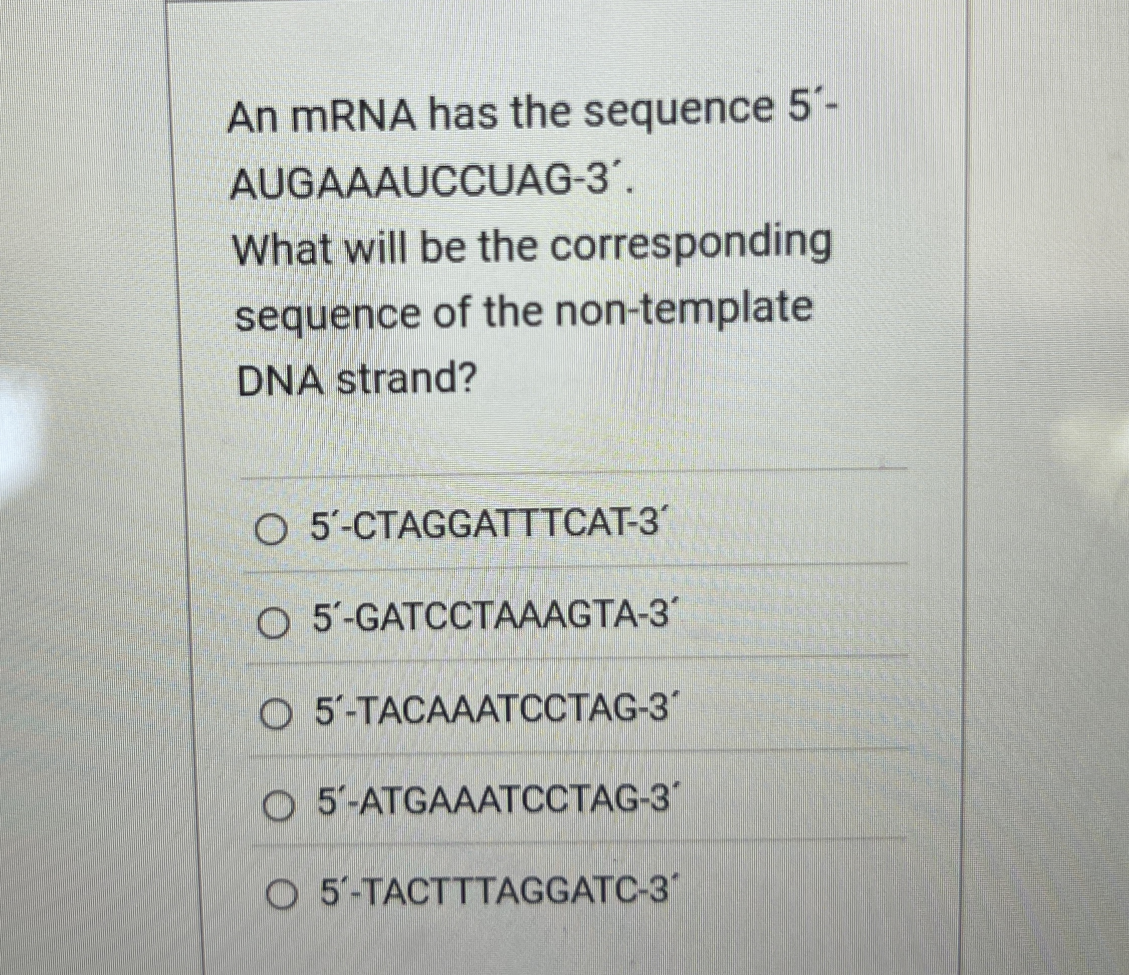 Solved An mRNA has the sequence 5- ﻿AUGAAAUCCUAG-3'.What | Chegg.com