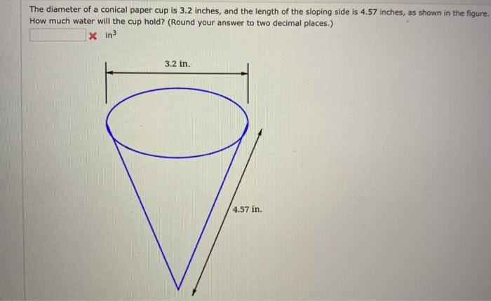 Solved The diameter of a conical paper cup is 3.2 inches, | Chegg.com