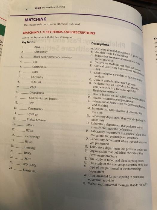 2 Unit The Healthcare Setting MATCHING Use choices only once unless otherwise indicated. ке pr MATCHING 1-1: KEY TERMS AND DE