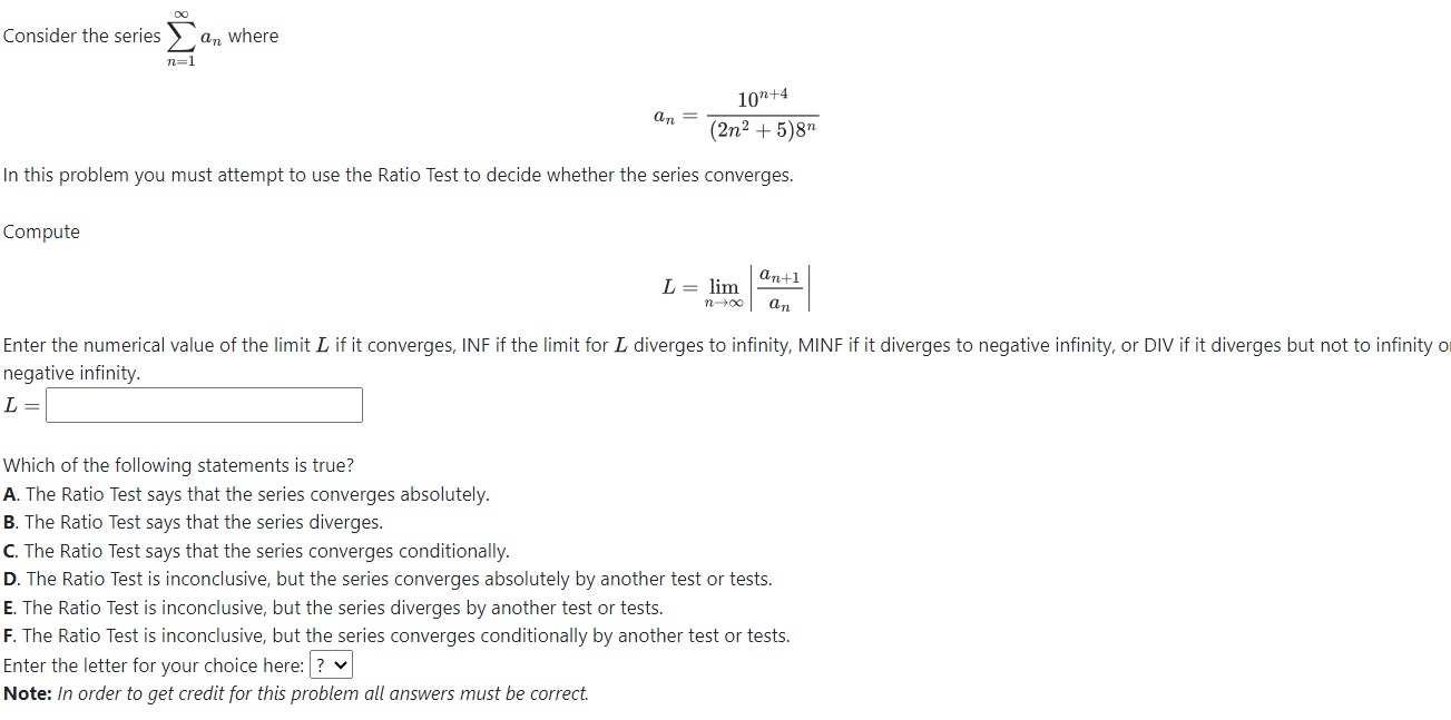 Solved Consider the series ∑n=1∞an wherean=10n+4(2n2+5)8nIn | Chegg.com