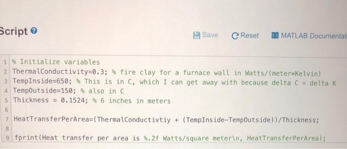 Solved Script Save C Reset MATLAB Documentat 1 % Initialize | Chegg.com
