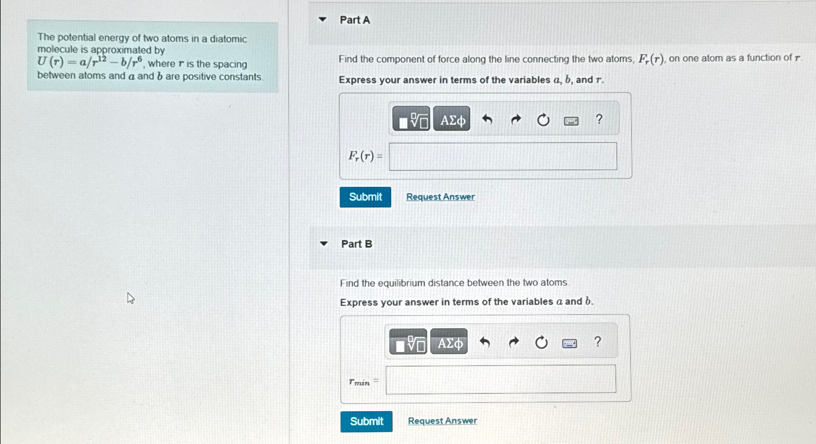 Solved The potential energy of two atoms in a diatomic | Chegg.com