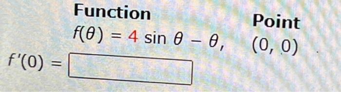 Solved Function f(θ)=4sinθ−θ, Point (0,0) f′(0)= | Chegg.com