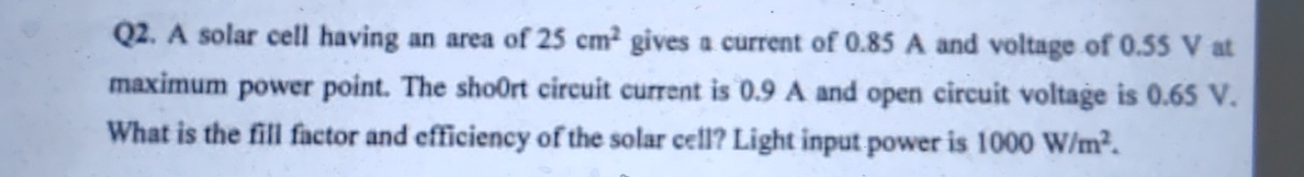 Solved A solar cell having an area of 25cm2 ﻿gives a current | Chegg.com