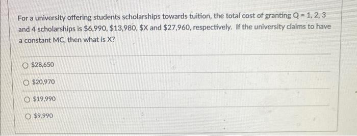 For a university offering students scholarships towards tuition, the total cost of granting \( Q=1,2,3 \) and 4 scholarships 