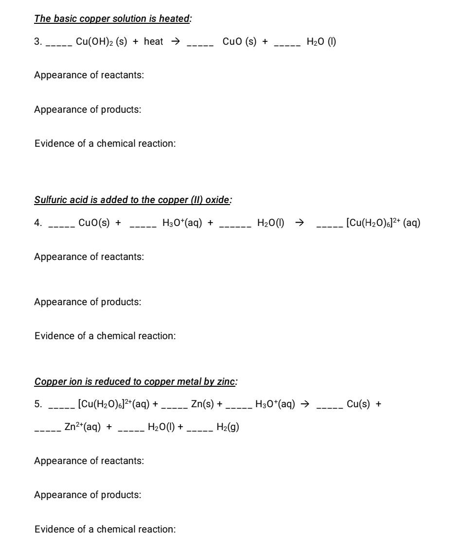 Solved The basic copper solution is heated: 3. Cu(OH)2 (s) + | Chegg.com