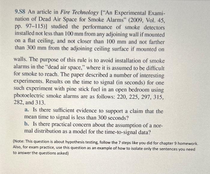 Solved 9.S8 An article in Fire Technology ["An Experimental | Chegg.com