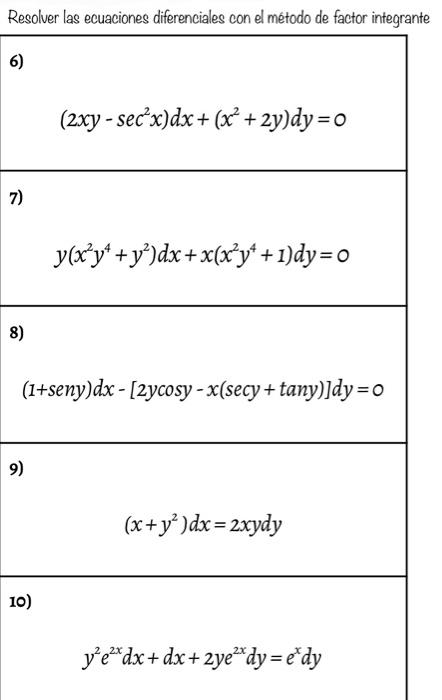 Resolver las ecuaciones diferenciales con el método de factor integrante 6) \[ \left(2 x y-\sec ^{2} x\right) d x+\left(x^{2}