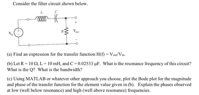 Solved Consider the filter circuit shown below. (a) Find an | Chegg.com