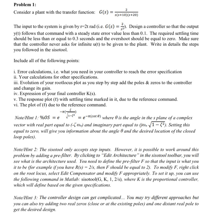 Problem 1 Consider a plant with the transfer | Chegg.com