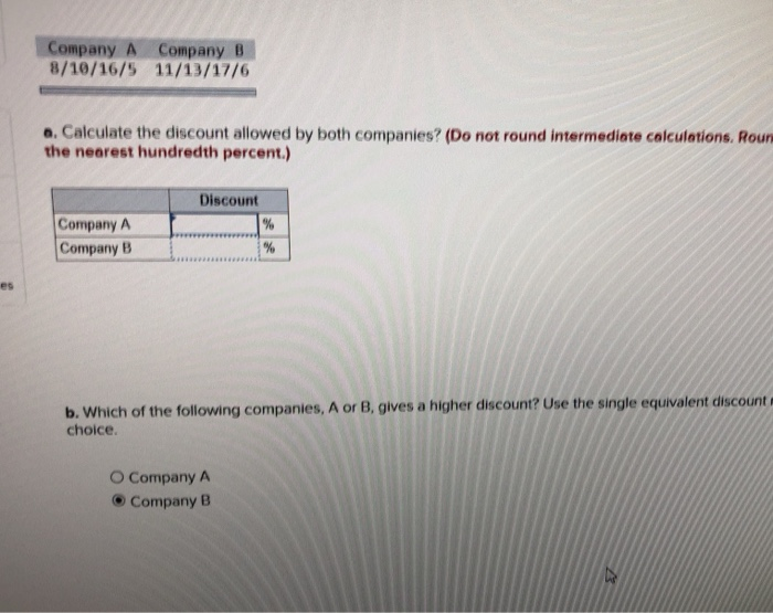 Solved Company A 8/10/16/5 Company B 11/13/17/6 A. Calculate | Chegg.com