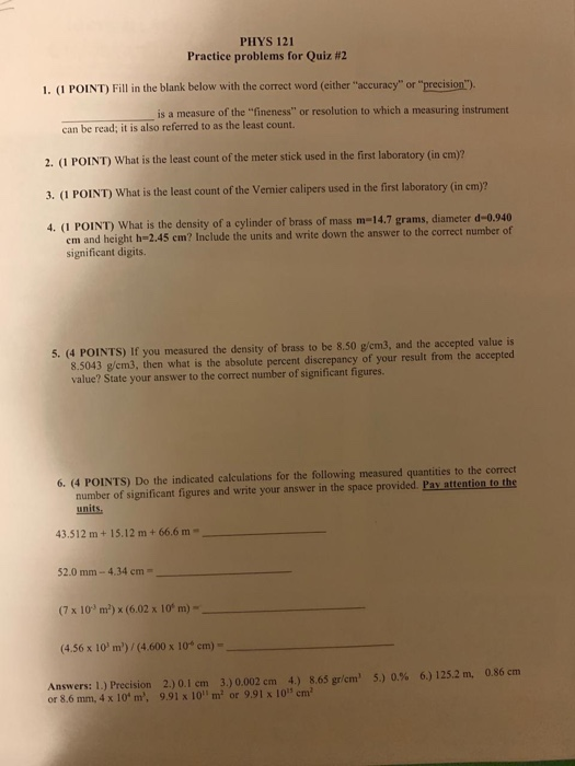 Solved PHYS 121 Practice problems for Quiz #2 1. (1 POINT) | Chegg.com