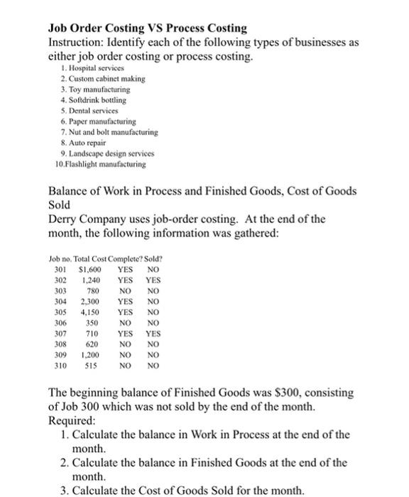 Solved Job Order Costing VS Process Costing Instruction: | Chegg.com