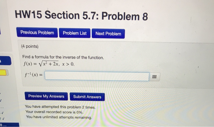 Solved HW15 Section 5.7: Problem 8 Previous Problem Problem | Chegg.com