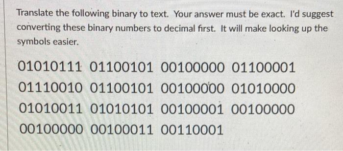 Solved Translate The Following Binary To Text. Your Answer | Chegg.com