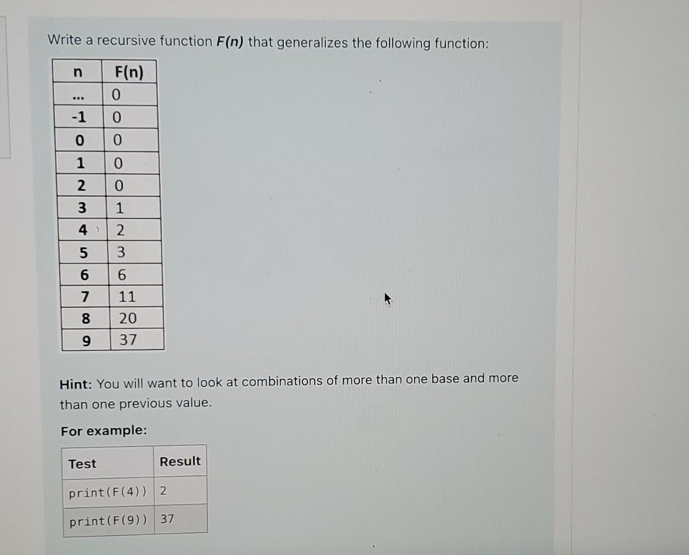 Solved Write a recursive function F(n) that generalizes the | Chegg.com