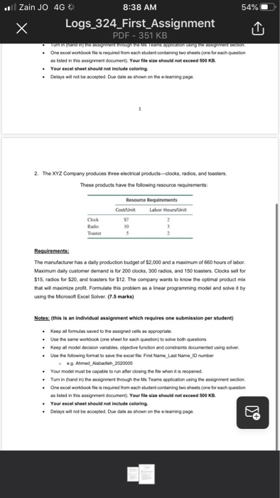 .. 54% Zain JO x 4G* 8:38 AM Logs_324_First_Assignment PDF - 351 KB T ing • • One excel Workbook file is required from each s