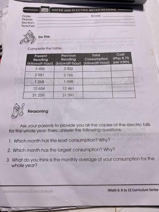 electric meter reading worksheet