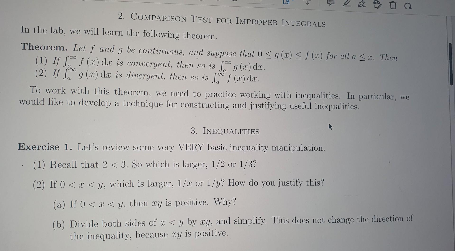 Solved 2 Comparison Test For Improper Integrals In The Lab