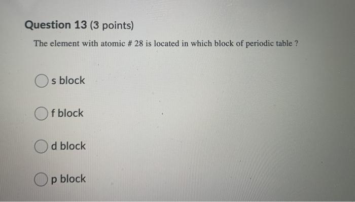 Solved Question 13 (3 points) The element with atomic # 28 | Chegg.com
