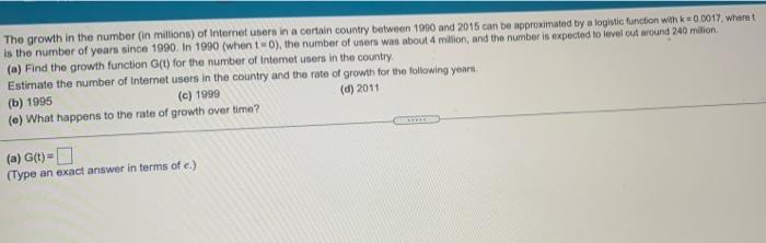 Solved The growth in the number (in millions) of Internet | Chegg.com