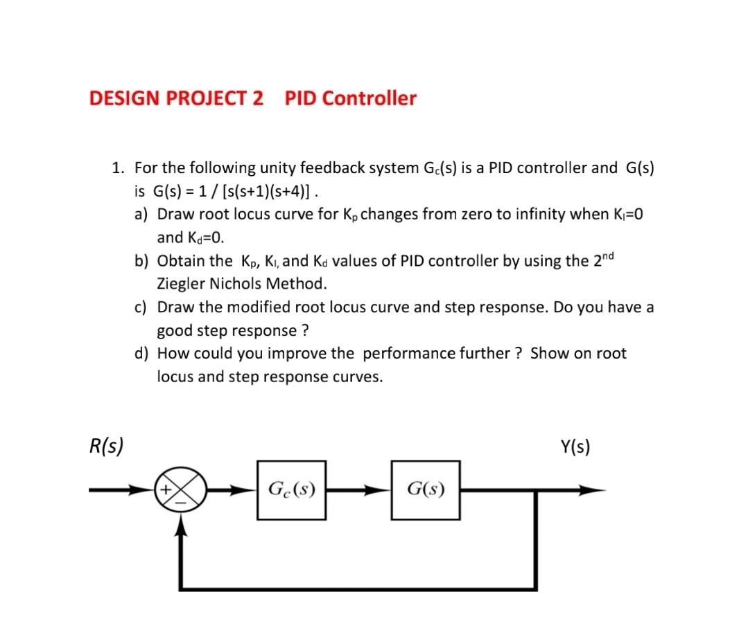 1. For the following unity feedback system \( G_{c}(s) \) is a PID controller and \( G(s) \) is \( G(s)=1 /[s(s+1)(s+4)] \).

