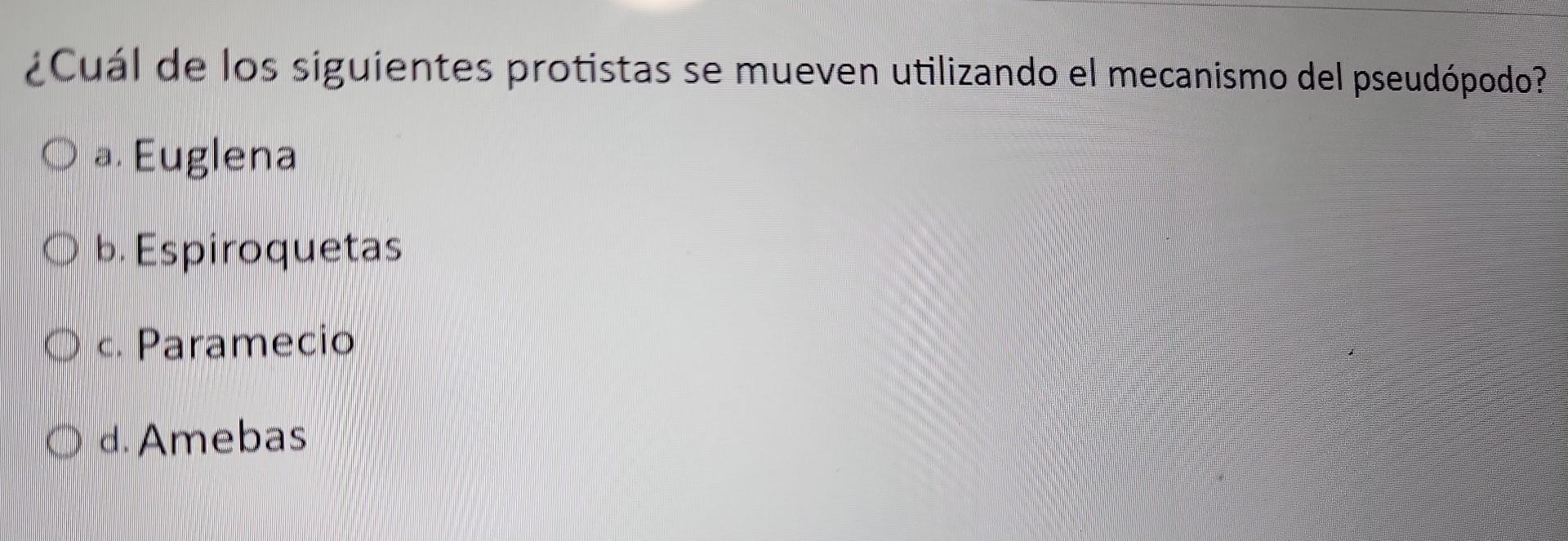 ¿Cuál de los siguientes protistas se mueven utilizando el mecanismo del pseudópodo? a. Euglena b. Espiroquetas c. Paramecio d