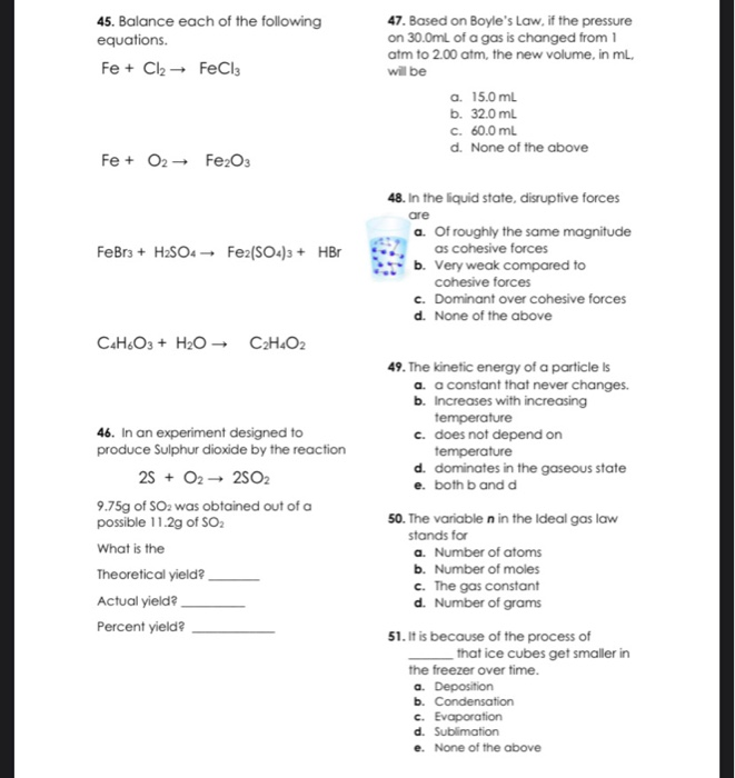 Solved 45. Balance each of the following equations. Fe + Cl2 | Chegg.com