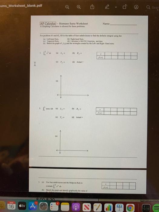 Ums Worksheet Blank Pdf Q Sear Ap Calculus Riemann Chegg Com