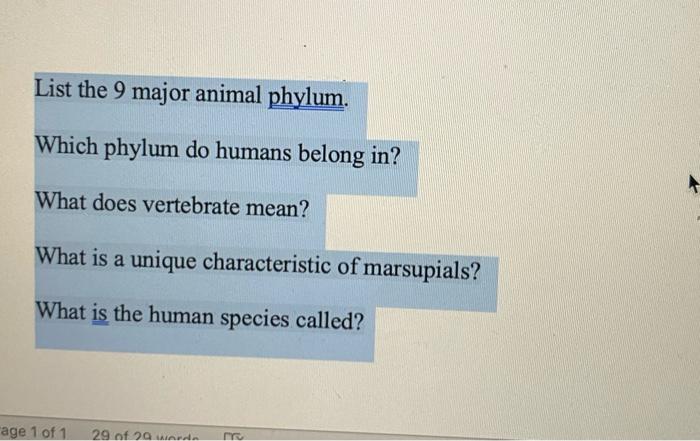 Solved List the 9 major animal phylum. Which phylum do | Chegg.com