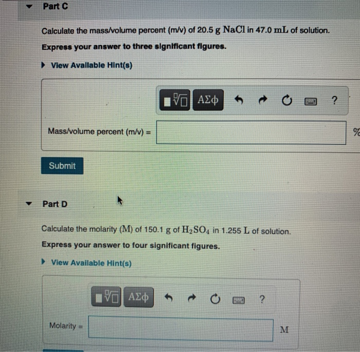 Solved Part C Calculate The Mass Volume Percent M V Of Chegg Com