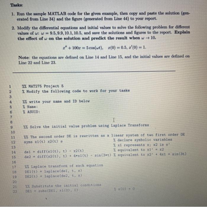 Solved Tasks: 1. Run the sample MATLAB code for the given | Chegg.com
