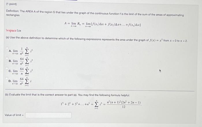 Solved (1 point) Definition: The AREA A of the region S that | Chegg.com