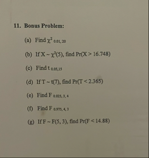 Bonus Problem:(a) ﻿Find χ20.01,20(b) ﻿If x∼χ2(5), | Chegg.com