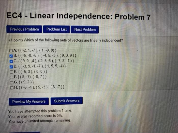 Solved EC4 - Linear Independence: Problem 7 Previous Problem | Chegg.com