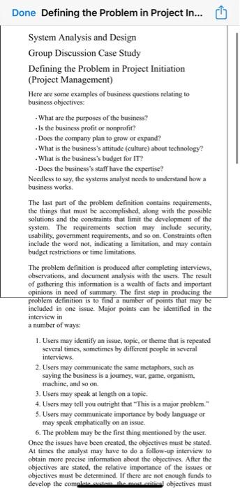 Solved Done Defining the Problem in Project In... System | Chegg.com