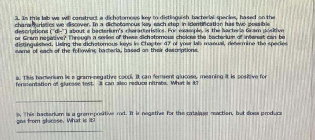 Solved 3. In this lab we will construct a dichotomous key to | Chegg.com