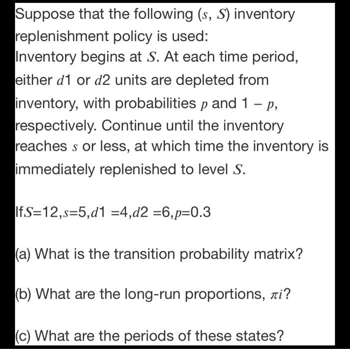 Solved Suppose that the following (s, S) inventory | Chegg.com
