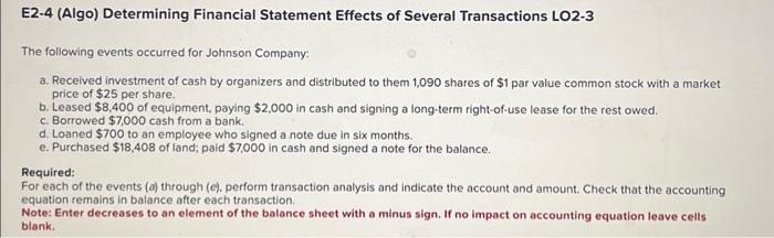 Solved E2-4 (Algo) Determining Financial Statement Effects | Chegg.com