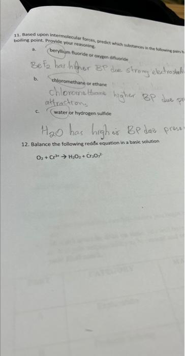 Solved 11 Based Upon Intermolecular Forces Predict Which 8244