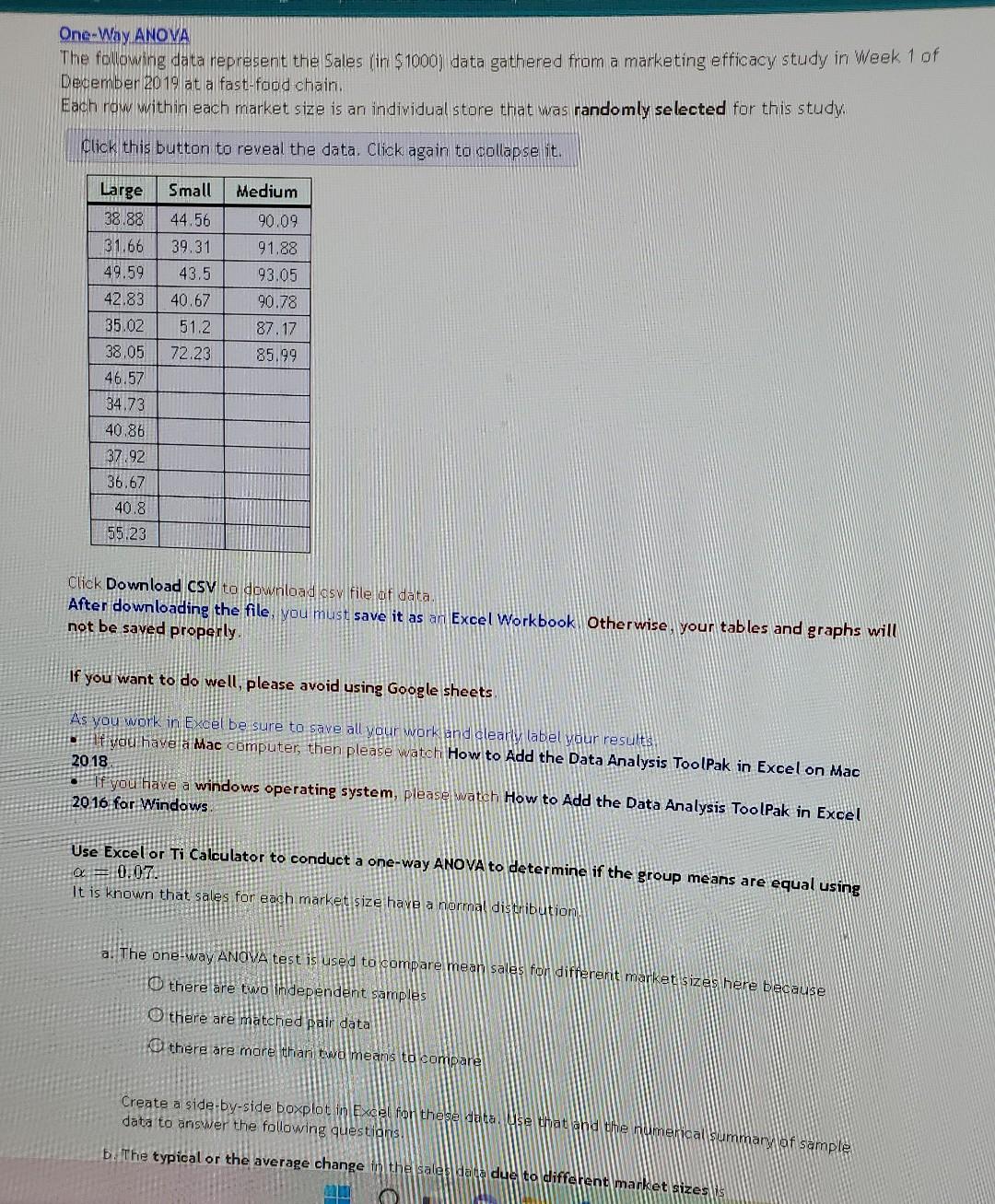 Solved One-Way ANOVA The following data represent the Sales | Chegg.com