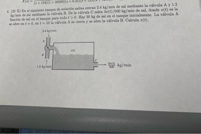 4. (25 \%) En el siguiente tanque de solución salina entran \( 2.4 \mathrm{~kg} / \mathrm{min} \) de sal mediante la válvula