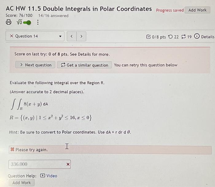 Solved AC HW 11.5 Double Integrals in Polar Coordinates | Chegg.com