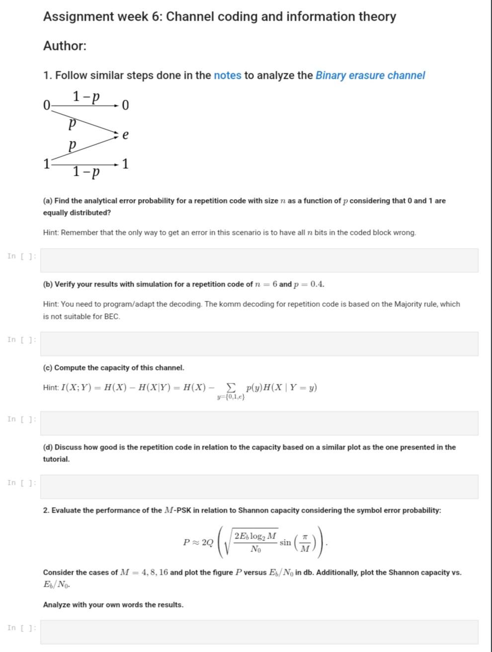 Assignment week 6: Channel coding and information | Chegg.com