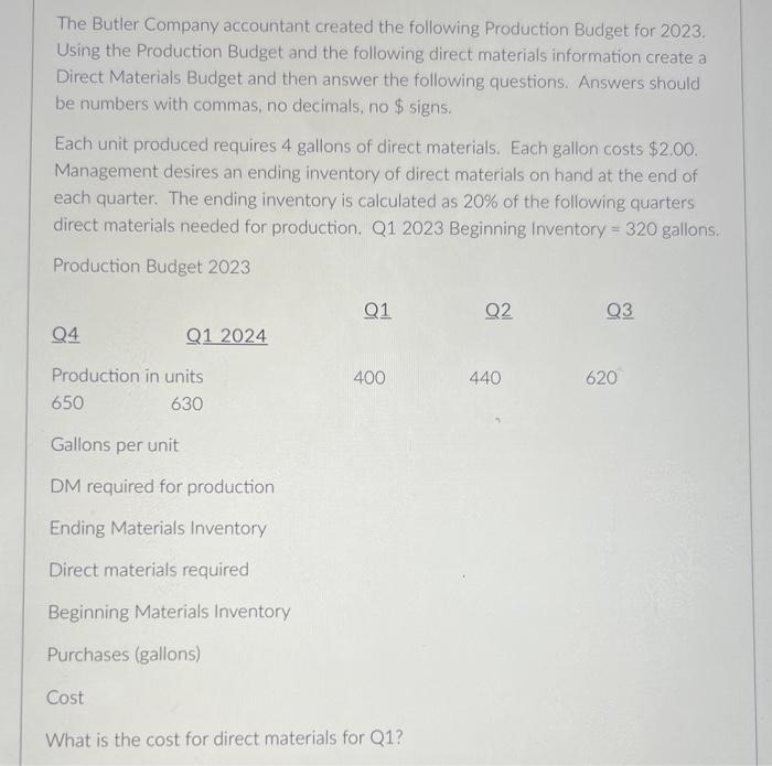 Solved what is the cost for direct materials for Q1,Q2,Q3