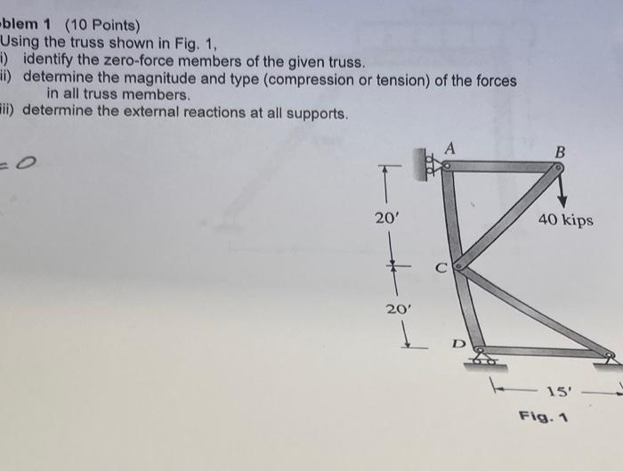 Solved blem 1 (10 Points) Using the truss shown in Fig. 1, | Chegg.com