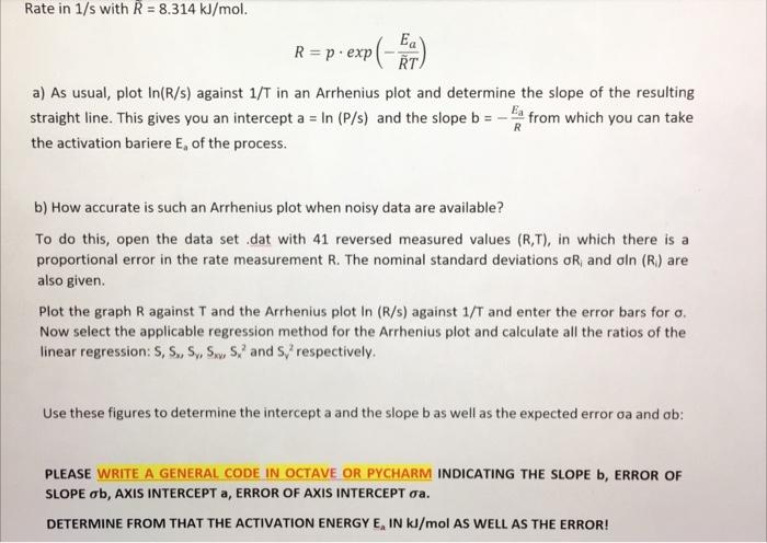 Rate in 1/s with R = 8.314 kJ/mol. Ea R = p. exp p(-4 | Chegg.com