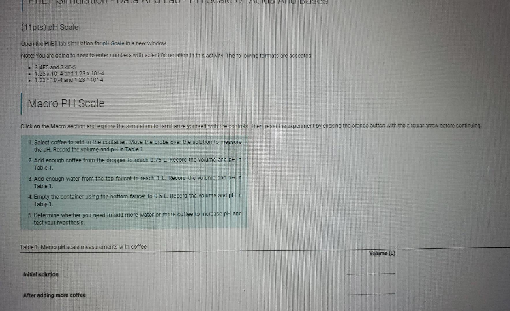Ababuo (11pts) pH Scale Open the PhET lab simulation