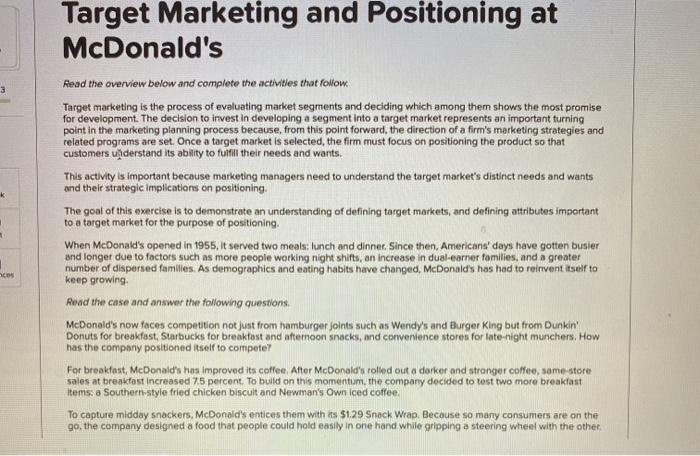 Solved Target Marketing And Positioning At Mcdonalds 3 Read